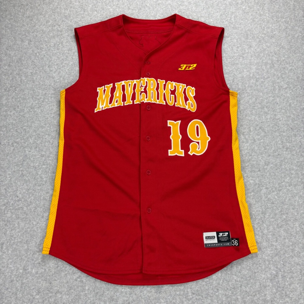 3N2 Mavericks Baseball Jersey Mens 36 Red Yellow Sleeveless Mesh Button Up Sport